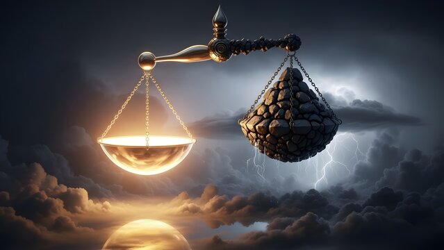 The profound concept of cosmic balance, depicting the delicate equilibrium between luminous virtue and the heavy burden of consequence under a dramatic sky, symbolizing critical choices