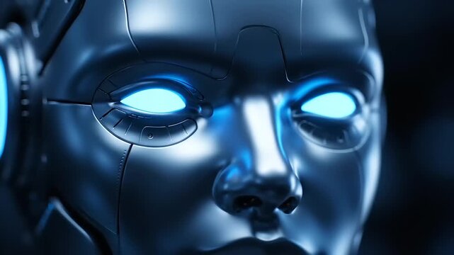 Close up of a futuristic robot face with glowing blue eyes.