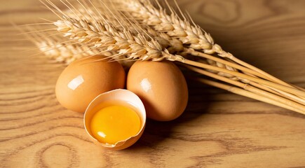 Raw eggs and spikes of wheat on wooden table, closeup