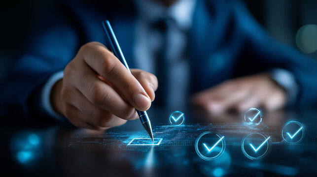 AI technology for document verification and data validation, faceless businessman using artificial intelligence, analyzing digital documents with checkmarks, defocused background, with copy space - Powered by Adobe