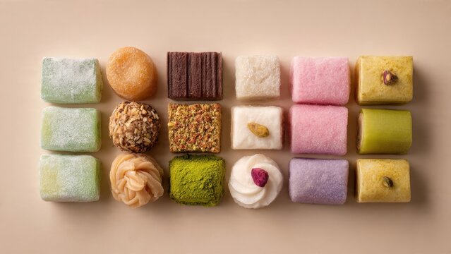 Colorful array of traditional Turkish delights on a beige background sweets pastries desserts - Powered by Adobe