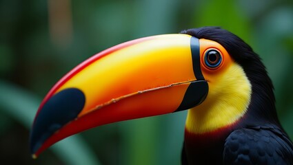 Fototapeta premium A vibrant Toucan's profile, showcasing its colorful beak in a lush forest environment from a close-up viewpoint
