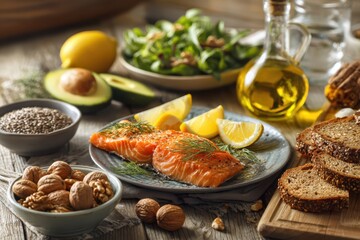 Colorful omega-3 rich foods arranged on a healthy breakfast spread with salmon, avocado and greens