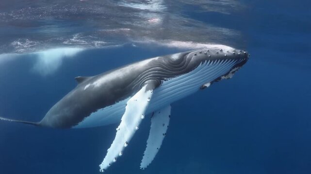 Humpback whale swimming Underwater in the South Pacific Ocean, Tonga, Polynesia, South Pacif.