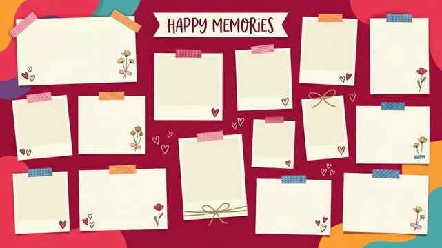 Blank Photo Frames on Romantic Mood Board with Happy Memories Banner Vector