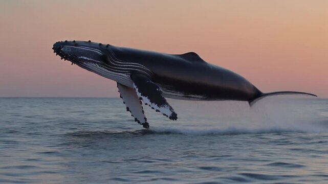 Jumping humpback whale over water. Madagascar. At sunset. Waters of the island of St. Mary