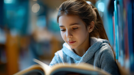 Young girl reading book in library, looking serious as she focuses on contents, educational moment, studying and learning concept, academic concentration, with copy space