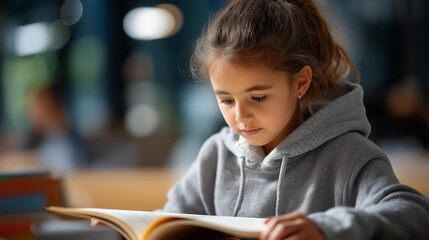 Young girl reading book in library, looking serious as she focuses on contents, educational moment, studying and learning concept, academic concentration, with copy space