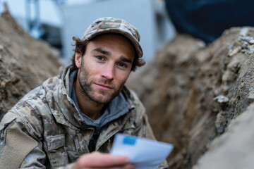 A soldier takes a moment to read a letter while seated in a trench, showcasing the emotional connection to home in a military environment during an intense moment.