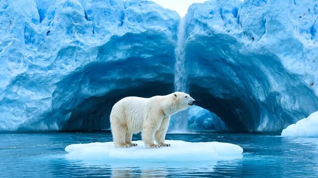 Polar bear standing on a small ice floe beside a blue glacier in the Arctic wilderness.
