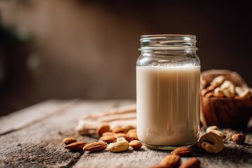 Creamy homemade almond milk in a glass jar on a rustic wooden table