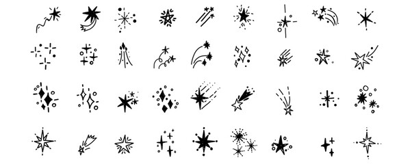 Obraz premium Glistering stars line doodle sketch set hand drawn in minimalistic simple style for scrapbook, stickers decoration. Shine spark elements for presentation.