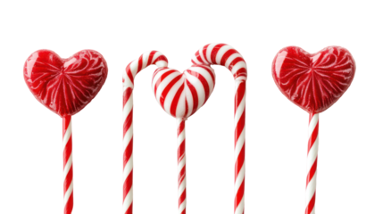 Valentine's day heart lollipops, romantic sweets, candy treats, red white striped sticks, isolated on transparent background