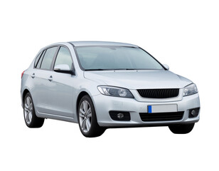 Obraz premium Silver sedan car isolated on white background with sleek contours and alloy wheels