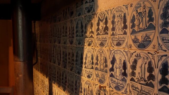 Wall covered in antique Delft Blue tiles featuring various biblical illustrations. Historic Dutch interior design detail and ceramic craftsmanship art.