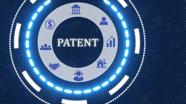 A patent button with blue digital data flow technology network background. Seamless loop technology network concept . Futuristic digital technology animated background.