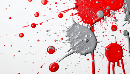 Gray and red paint splatter with flowing drips and scattered drops on white background