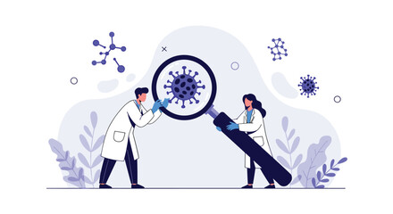 Fototapeta premium Two scientists in lab coats using a giant magnifying glass to examine a microscopic virus cell in a medical research laboratory.