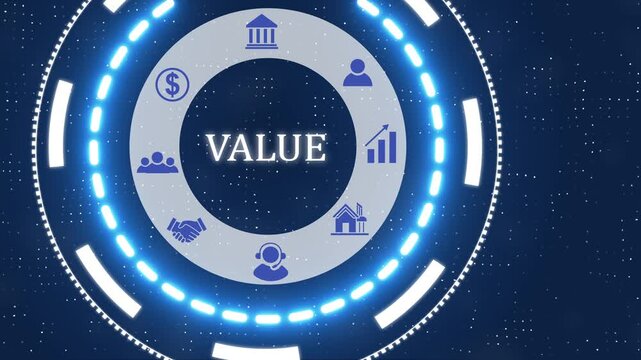 A value button with blue digital data flow technology network background. Seamless loop technology network concept . Futuristic digital technology animated background.