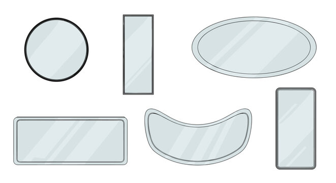 Diverse collection of mirror shapes including circular, tall rectangular, oval, horizontal, and an arched decorative style.