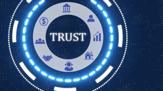 A trust button with blue digital data flow technology network background. Seamless loop technology network concept . Futuristic digital technology animated background.