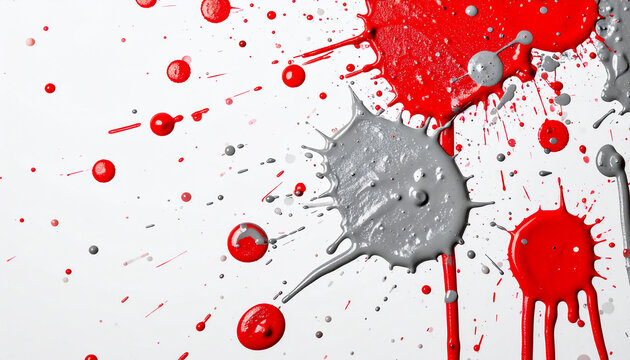 Gray and red paint splatter with flowing drips and scattered drops on white background