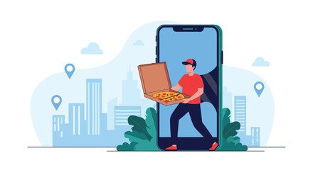Efficient pizza delivery service concept featuring a courier carrying a pizza box out of a giant smartphone screen with city map pins.