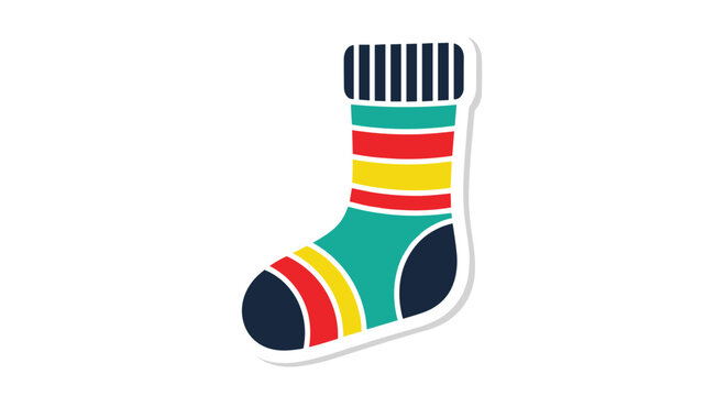 Colorful striped winter sock illustration with a white border like a sticker featuring teal, red, yellow, and navy blue horizontal patterns.