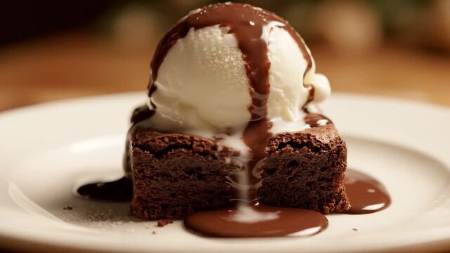 Delicious chocolate brownie with vanilla ice cream melting on top