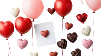 Valentine's day heart balloons and chocolates on transparent background