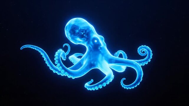 Blue Neon Octopus Illusion Glowing Underwater Illustration with Swirling Tentacles.