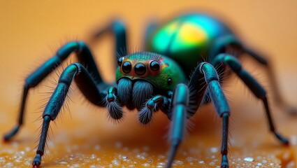 Obraz premium A vibrant green spider with iridescent colors crawls on a textured orange surface viewed from a close-up front perspective.