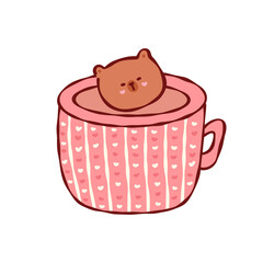 Cute pink mug with heart pattern and small bear floating in warm drink, cozy playful illustration...