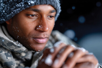 A soldier sits thoughtfully in a snowy environment, with snow accentuating his features, conveying a sense of introspection and emotional depth amidst military life.