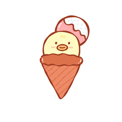 Cute chick ice cream cone with pastel scoop and donut topper, playful kawaii dessert illustration...
