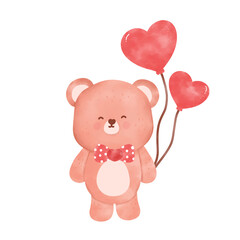 Cute pink bear with heart balloons and polka dot bow tie smiling sweetly in watercolor style,...