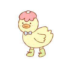 Cute yellow chick with pink frosting cap and blue bow tie wearing green boots, playful whimsical...
