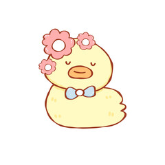 Cute yellow duck with pink flowers and blue bow tie, serene expression and pastel colors, whimsical...