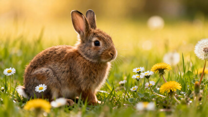 Fototapeta premium Small brown fluffy rabbit sitting in spring green grass
