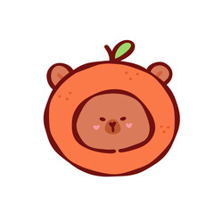 Cute bear face inside orange fruit costume smiling with blush and leaf accent, playful character...