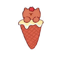 Cute bear sitting on melting vanilla ice cream in waffle cone with cherry on top, playful sweet...