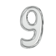 3D Clear glass number nine balloon on transparency background with reflective surface and soft...