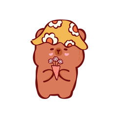  Cute bear holding flower bouquet wearing floral hat, shy joyful expression, pastel illustration