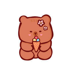 Fototapeta premium Cute brown bear holding ice cream cone with flower decorations and joyful expression, sweet summer snack and pastel colors