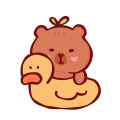 Cute brown bear hugging yellow rubber duck floatie with heart cheek blushing and playful expression in kawaii cartoon style