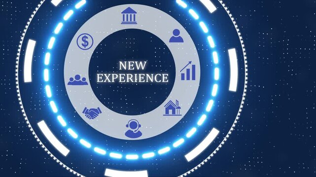 A new experience button with blue digital data flow technology network background. Seamless loop technology network concept . Futuristic digital technology animated background.