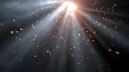 Abstract background of golden particles illuminated by dramatic light rays and smoke
