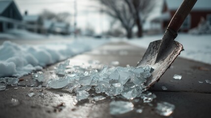 Ice shattering on sidewalk with shovel