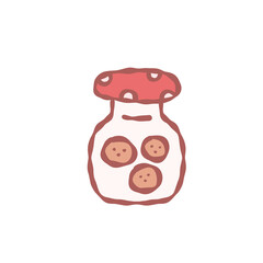 Cookie jar with three round cookies in simple pink and white illustration, cozy home baking mood