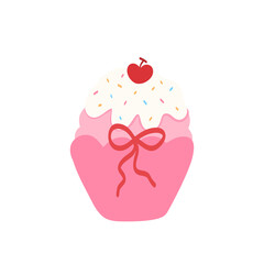Pink cupcake with white frosting, cherry and sprinkles, decorative ribbon bow, sweet dessert illustration, pastel color kawaii
